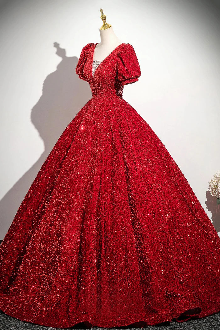 Red V-Neck Sequins Long Prom Dress, A-Line Short Sleeve Party Dress